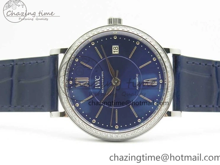 MIROTIME 0210 Fashionable Portofino IW458101 Diamond Bezel SS MK 1:1 Best Edition Blue Dial On Blue Leather Strap MIYOTA 7169